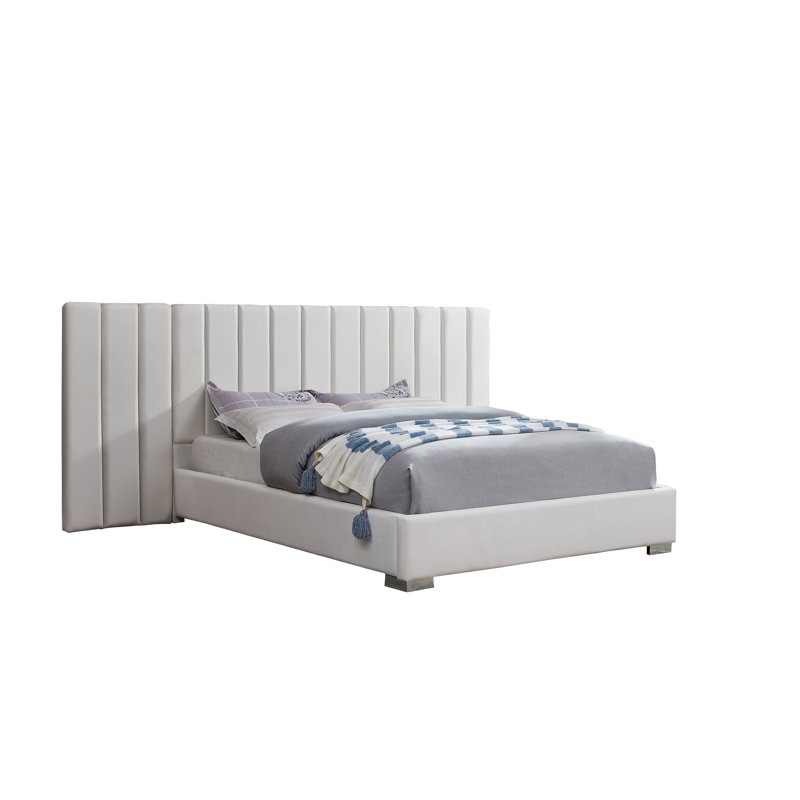 Lit plateforme luxueux en velours avec tête de lit capitonnée Channel, Grand, Blanc