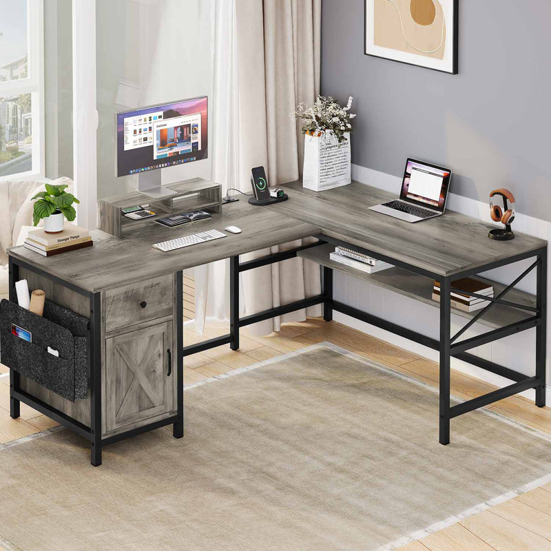 Josphua L-Shaped Computer Desk with Power Outlet, Gray/Black