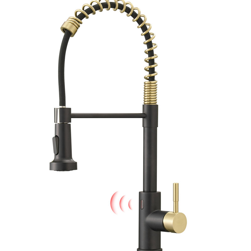 Robinet d'évier de cuisine automatique automatique - activé par un capteur de mouvement sans contact, aiguilles, noir et or, design contemporain, rembourré de céramique, laiton coulissant