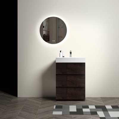 Meuble-lavabo de salle de bain en noyer de 24 po - moderne, autoportant, beaucoup de rangement, lavabo blanc, glissières de tiroir silencieuses, unité pré-assemblée par évier de salle à manger spacieux, glissières silencieuses,