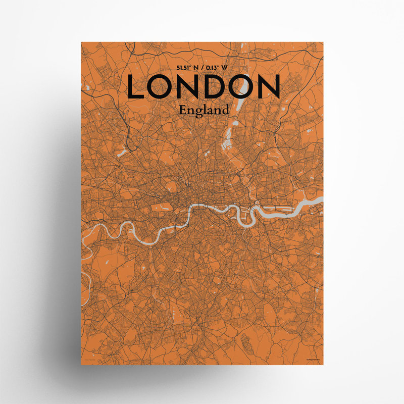 London City Map In Orange - No Frame Print, 24cm H x 18cm W x 0.05cm D