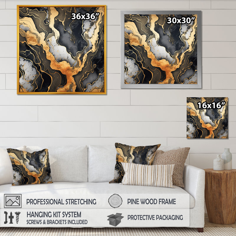 Or et marbre gris scintillant Galaxies II - art mural fractal, Toile tendue, H 30 po x l 30 po x P 1,5 po
