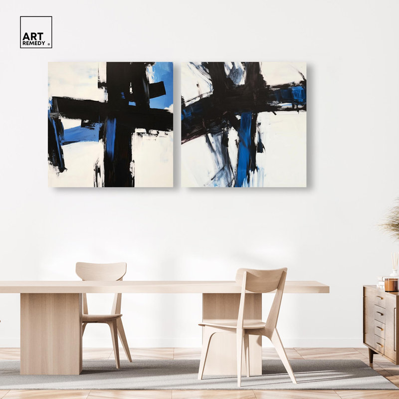 Blue Streak Duo Canvas Print Blue Livingroom Art Set by Art Remedy, Black Frame, 12 x 12, H 40 po x l 40 po, Gallery Wrapped