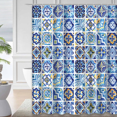 Mediterranean Beautiful Watercolor Navy Shower Curtain with 12 Hooks