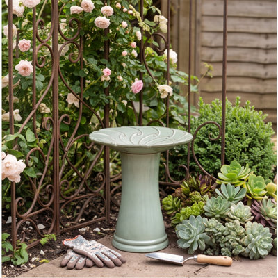 Handmade Ceramic Bird Bath with Scroll Embossed Tray, 17" Bowl & 18" Pedestal, Sage Green Gradient Glaze for Yard, Patio & Garden