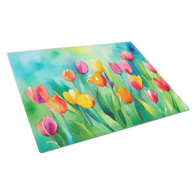 Tulips in Watercolor Glass Cutting Board Large