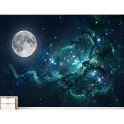 Papier peint bleu galaxie avec lune | Murale espace sarcelle nébuleuse | Papier peint céleste pelez et collez pour la décoration de chambre à coucher 1162DRS