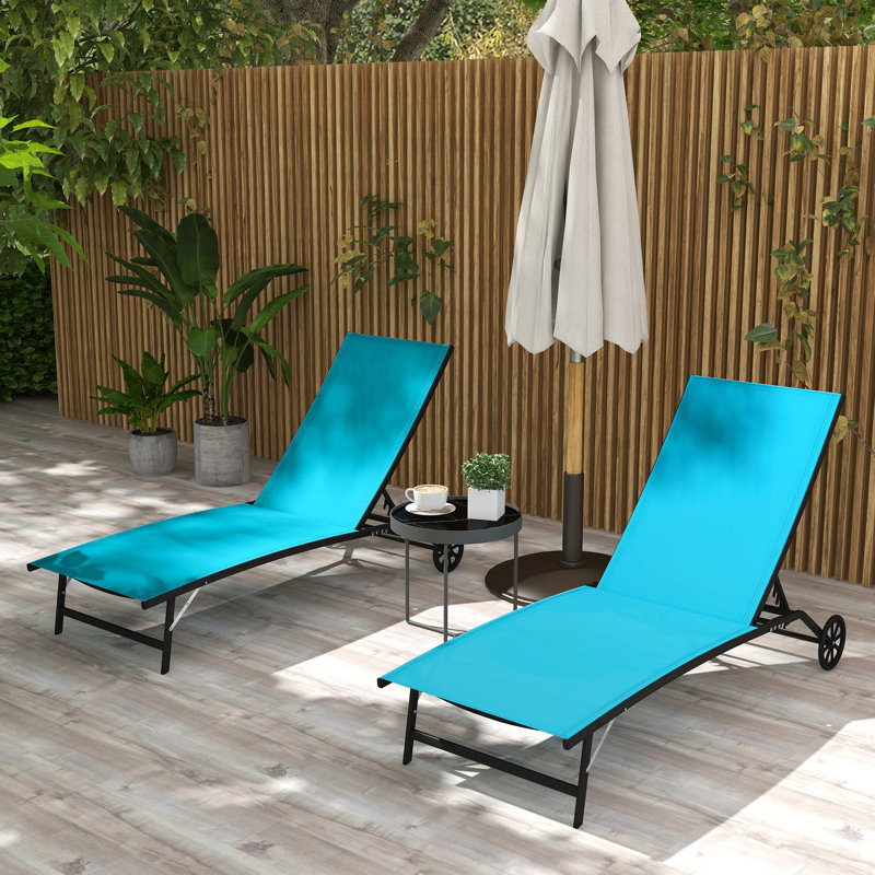 Chaise longue d'extérieur avec roulettes et positions réglables en bleu pour patio, plage, cour, chaise longue de piscine 5 positions,
