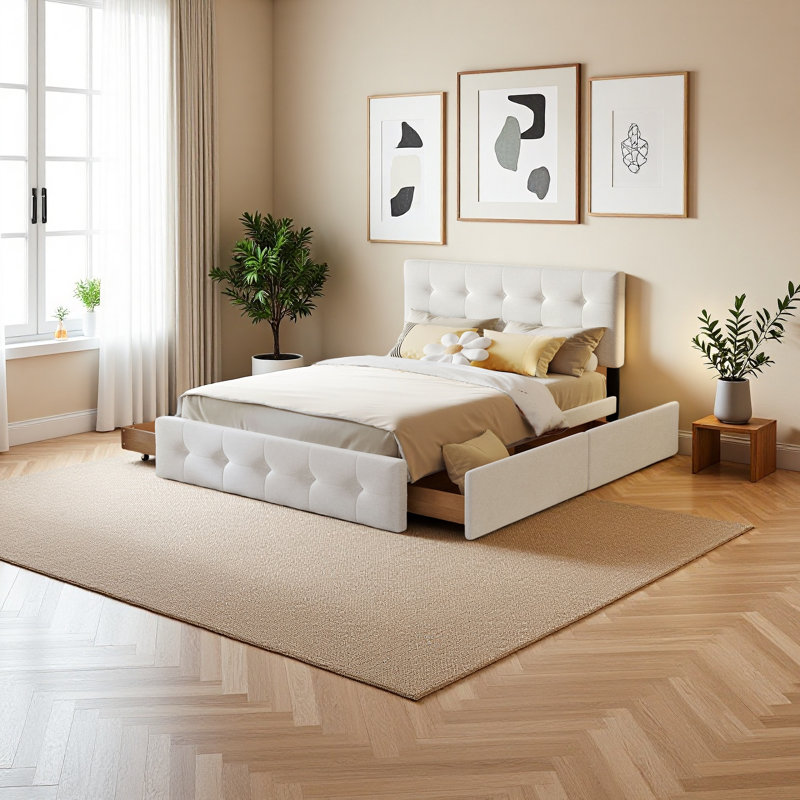 Lit plateforme tapissier avec tête de lit classique et 4 tiroirs, aucun sommier nécessaire, tissu en lin, grand, Blanc
