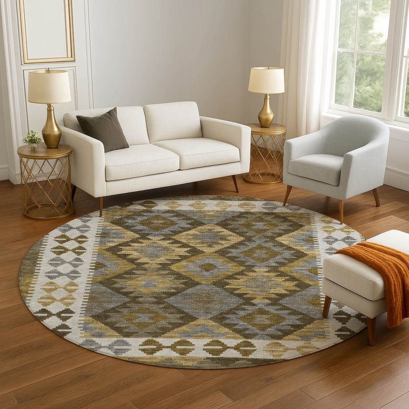 Premium Machine Washable Mayfield AMF1915 Tribal Rug, Round 8'