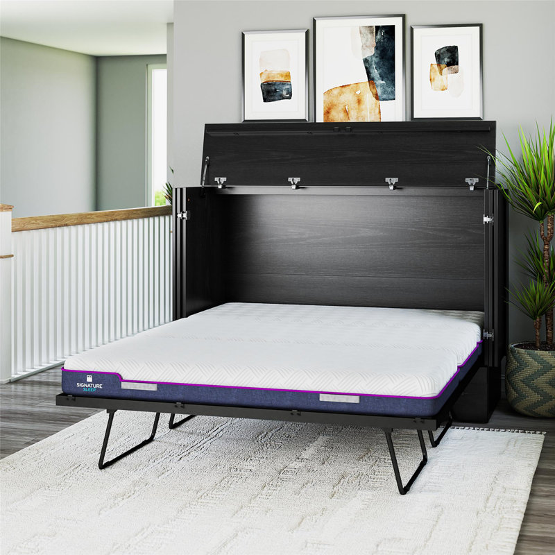 Urthe Queen Trifold Cabinet Murphy Bed with Memory Foam Mattress and Storage Drawers, Black Oak