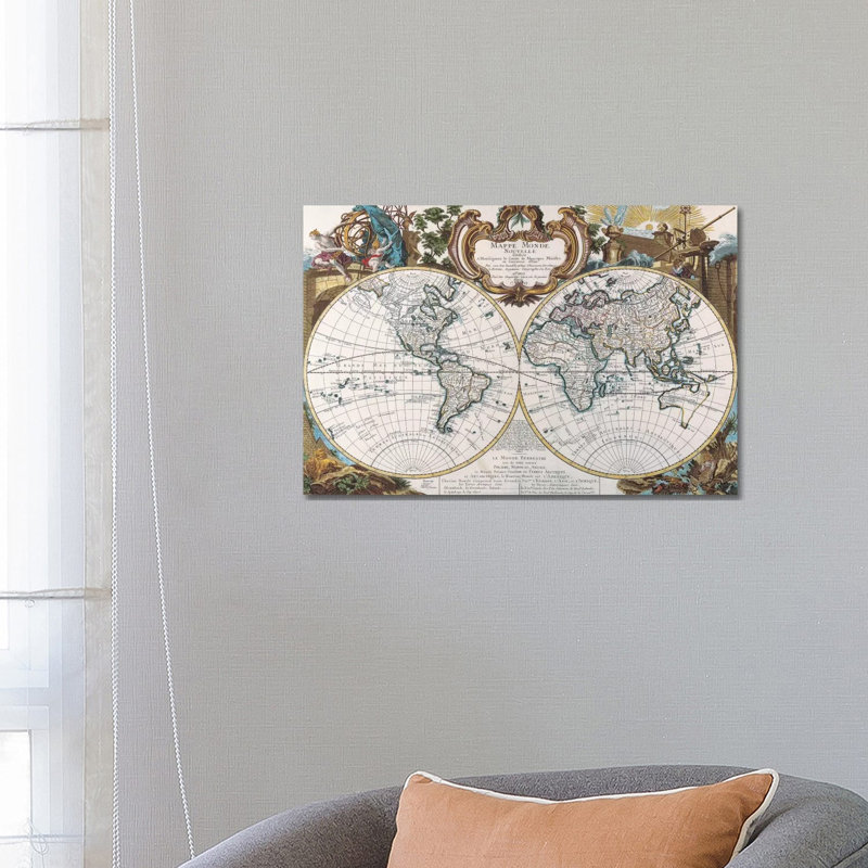 Antique Double Hemisphere Map Of The World - Wrapped Canvas Painting, 66.04 cm H x 45.72 cm W x 1.91 cm D