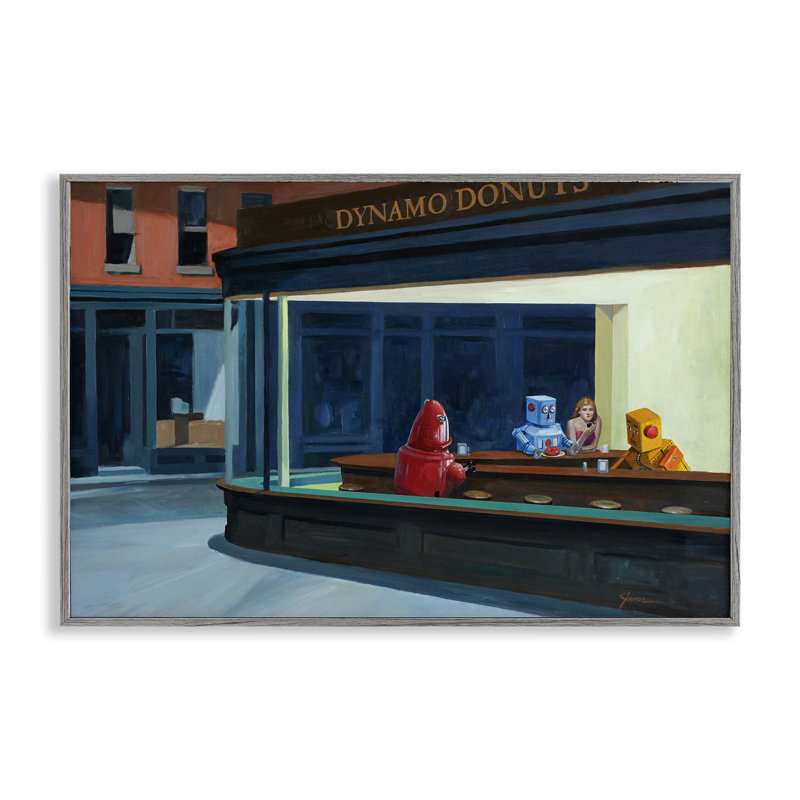 Robots in Donut Shop, estampe numérique, conception par Eric Joyner, H 12 po x l 18 po, Estampe numérique Farmhouse