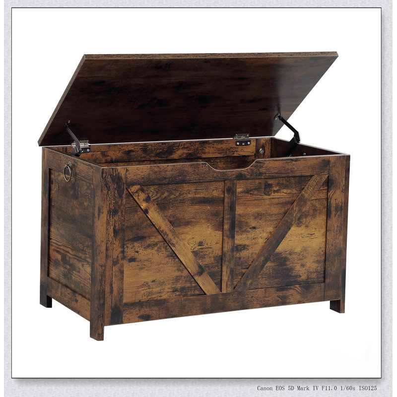 Banc de rangement pour jouets rétro et banc de rangement pour hall d'entrée avec 2 charnières, assemblage facile, finition brun rustique