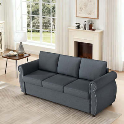 Queen Size Pull Out Sofa Bed, 3 in 1 Linen Convertible 3-Seater Sleeper Sofa Bed with Memory Form Mattress, Pull Out Couch with Nailhead Trim & Roll Arms for Living Room, Bedroom, Small Space