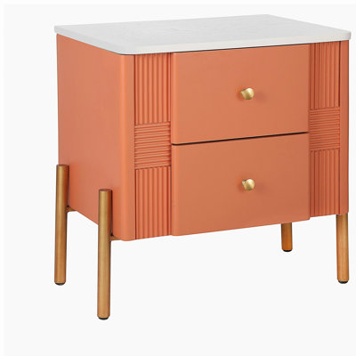 Table de chevet moderne avec 2 tiroirs de rangement, table de chevet cannelée avec poignées et pieds en métal doré, table de bout pour le salon et la chambre à coucher, assemblage facile, orange