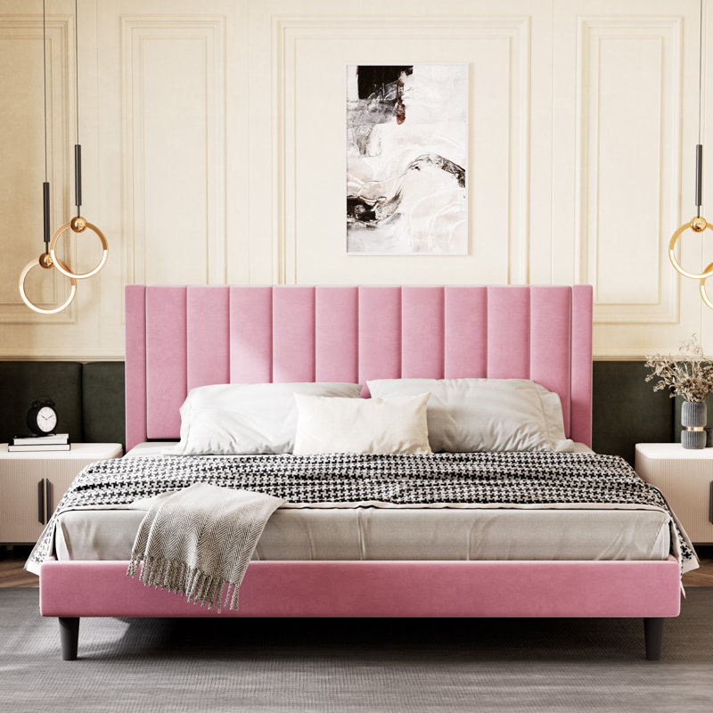 Lit plateforme tapissier Ozella - Aucun sommier requis, assemblage facile, Rose, Très grand lit