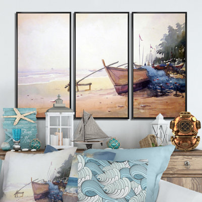 Bateaux de pêche dans le port - ensemble d'art mural sur toile encadré nautique et côtier de 3