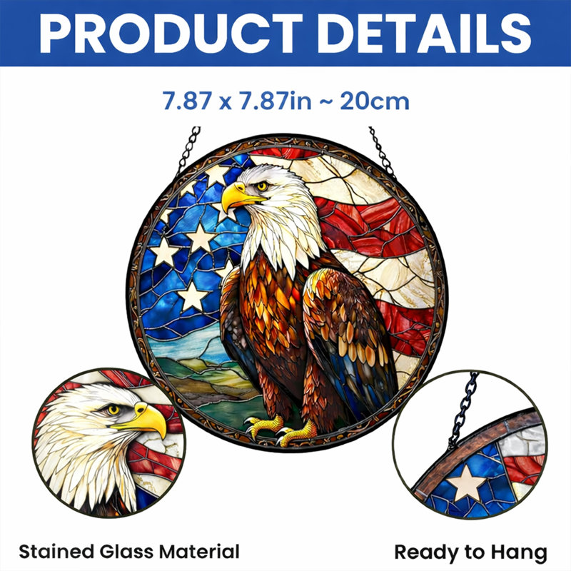 Attrape-soleil en vitrail représentant un aigle à tête blanche américain, décoration patriotique pour fenêtre intérieure - 20 cm x 20 cm