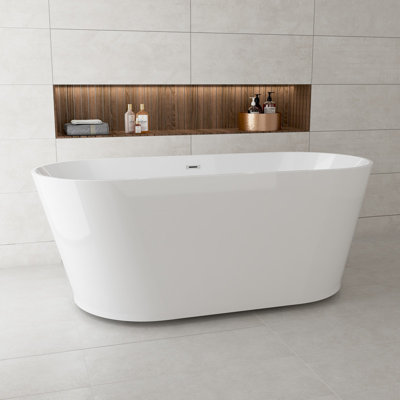 Casainc 59" White Acrylic Freestanding Bathtub Soaking Tub with Chrome Center Drain ＆ Overflow, Oval