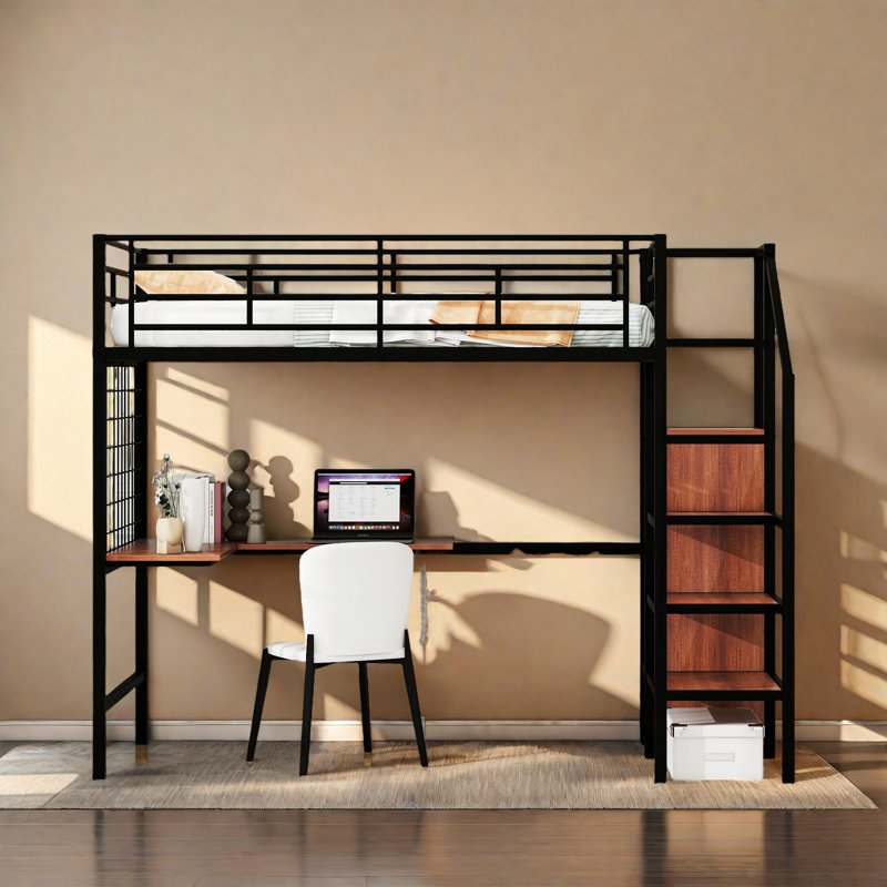 Loft Bed With Storage Stairs And Desk, Black, Full 