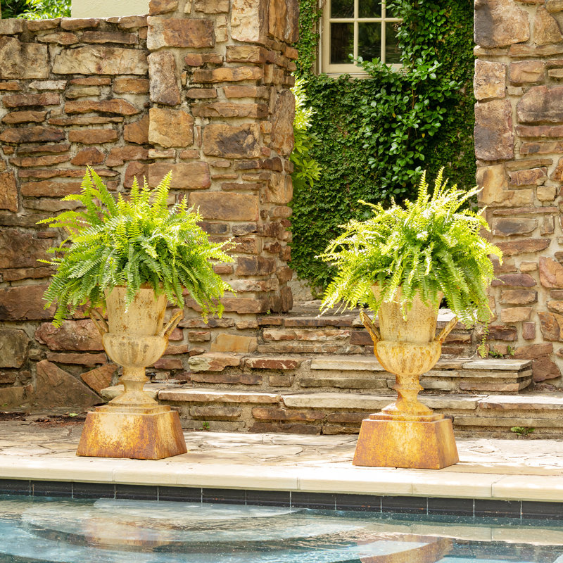 Aged Rusted Metal Outdoor Urn Planter with Pedestal