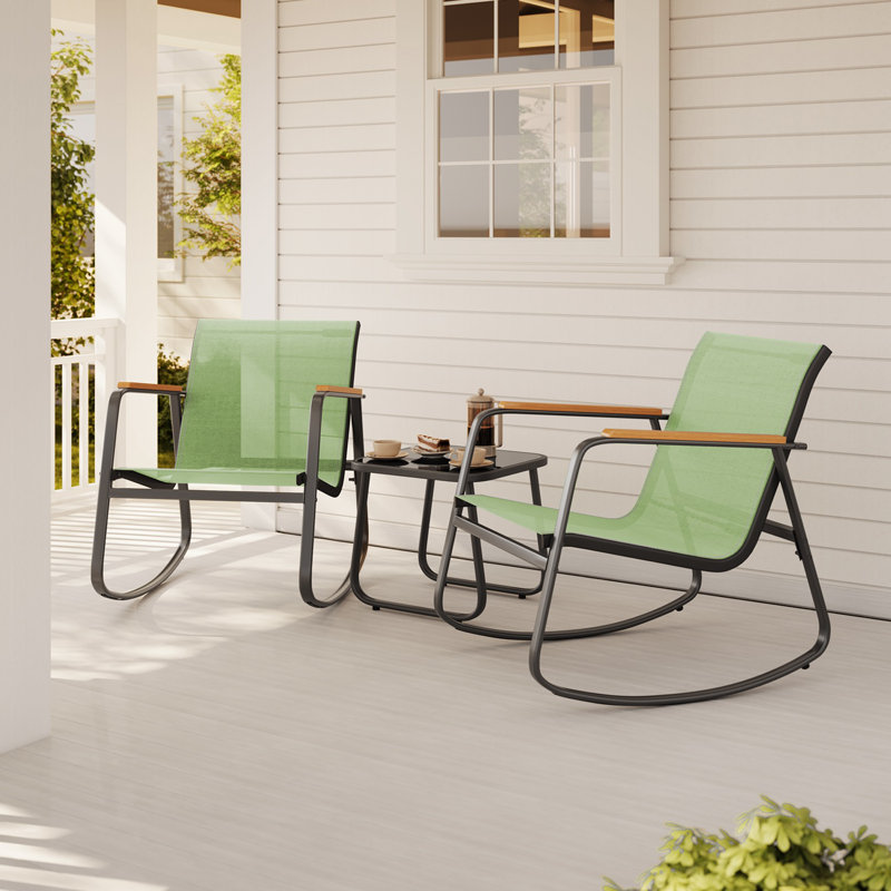 3-Piece  Outdoor Patio Conversation Rocking Set With Table，Seating Group, Green