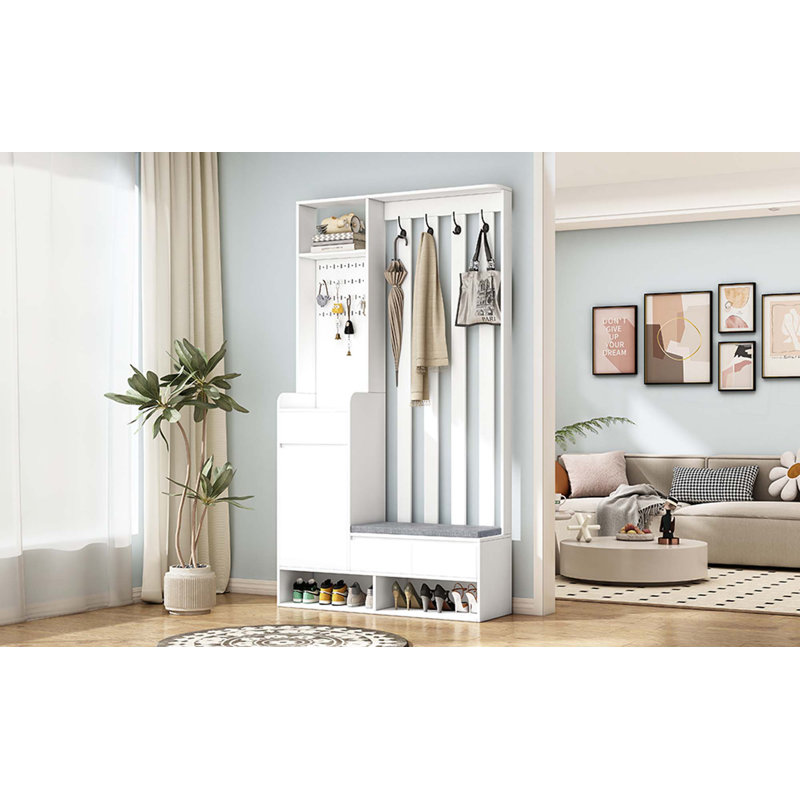 Rangement contemporain pour arbre d'entrée avec banc de rangement rembourré, armoire à chaussures multifonctionnelle avec panneau perforé, portemanteau moderne avec 4 crochets pour le vestibule, vestibule