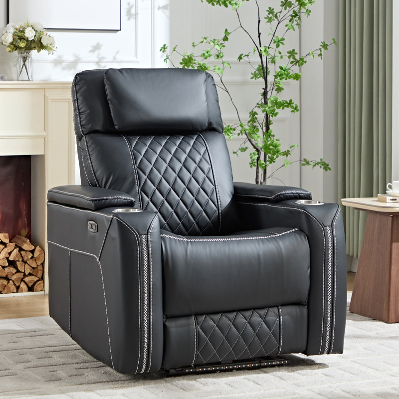 Siège de cinéma maison inclinable électrique en similicuir de 36 po de largeur avec éclairage DEL, port USB, porte-gobelets et rangement pour accoudoirs