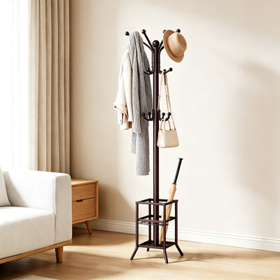 Porte-manteau autoportant avec porte-parapluie, support en métal robuste avec crochets à boule de protection pour entrée, couloir, chambre, salon et bureau