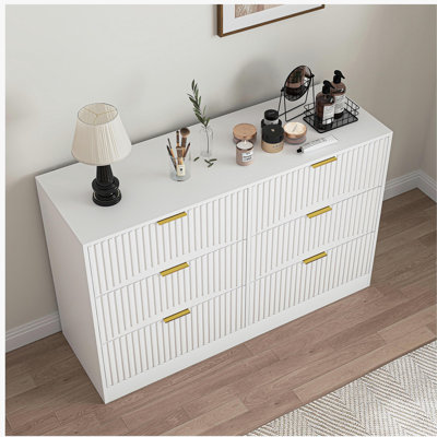 Commode moderne à 6 tiroirs, commode pour chambre à coucher, salon, couloir et entrée - grande armoire de rangement, panneau de tiroir blanc à motifs ondulés