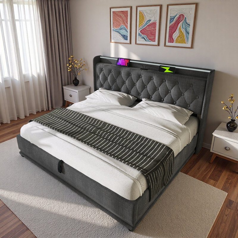Lit tapissier avec DEL, rangement hydraulique et charge USB Type-C, Très grand lit