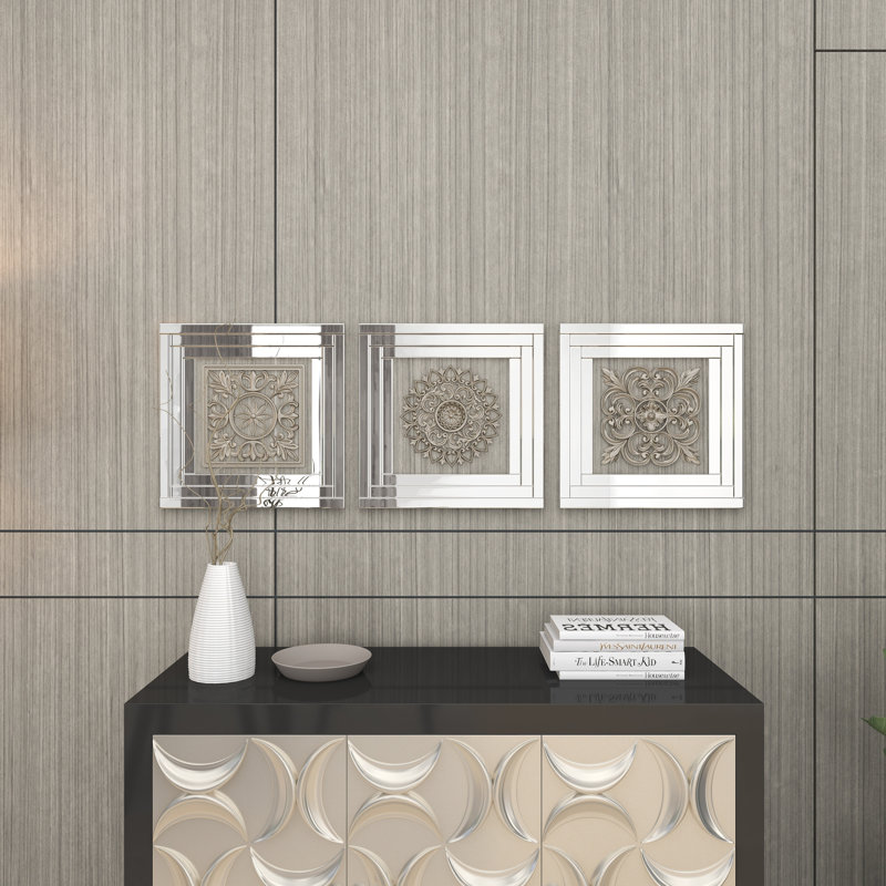 Silver Glass Metal Embossed Floral Home Wall Decor with Layered Mirror Frames