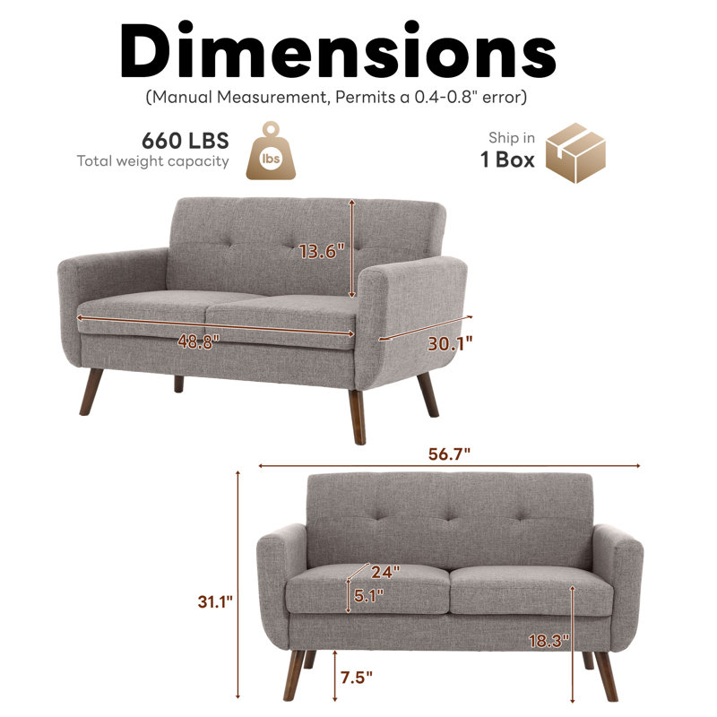 56.7"  Tufted Loveseat Sofa Mid Century Modern Love Seat Couches For Living Room, Gray