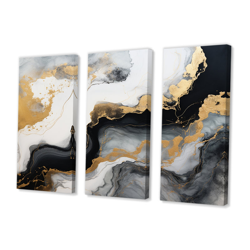 Glam Gold Flows - ensemble d'art mural en marbre noir, Toile tendue, H 40 po x l 60 po x P 1 po