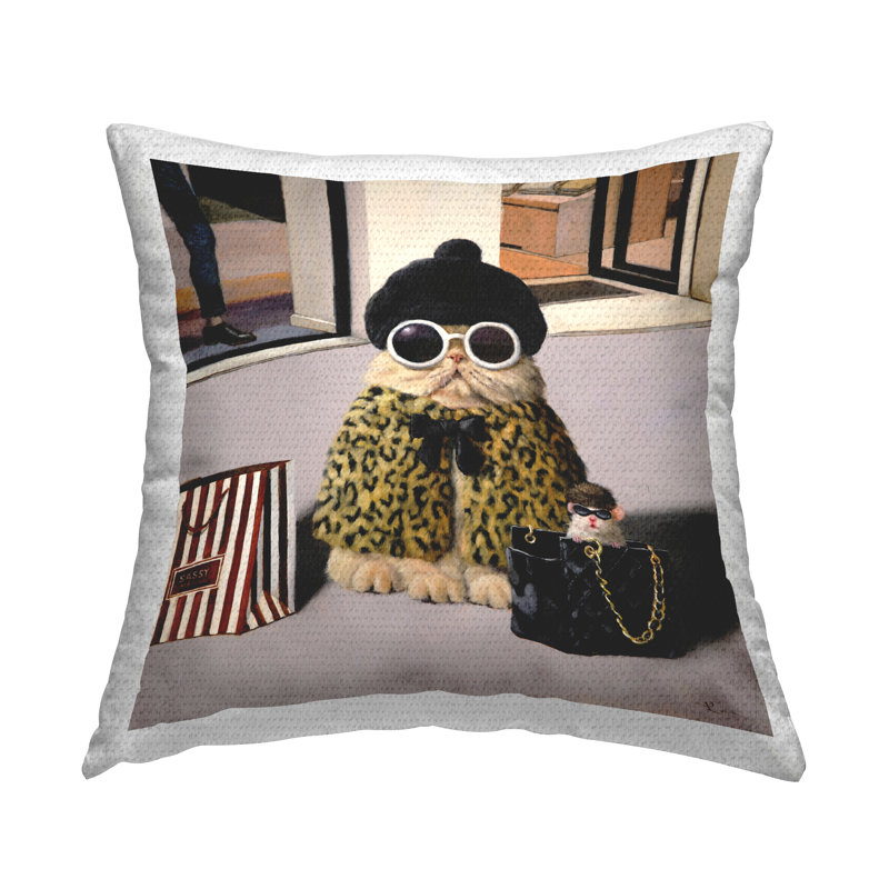 Stupell Industries Sassy Glam Cat Designer Fashion Couture Handbag Outdoor Printed Pillow by Lucia Heffernan