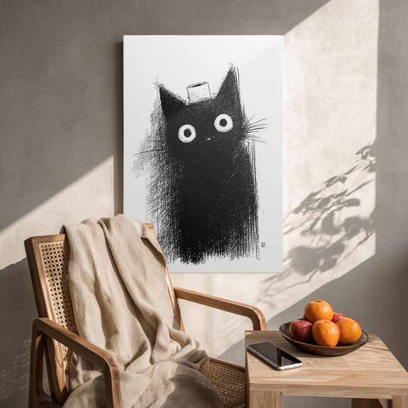 Art sur toile prêt à être accroché à un chat noir avec un chapeau - Loft urbain, H 18 po x l 12 po