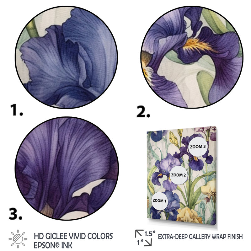 Impression mauve et verte de l'iris II sur toile, Cadre simple noir, H 44 po x l 34 po x P 1 po