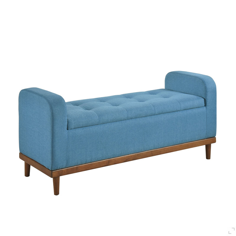 Mid-Century Modern Lift Top Storage Bench 1Pc Tufted Upholstered Solid Wood Walnut Finish Wooden Furniture, Blue