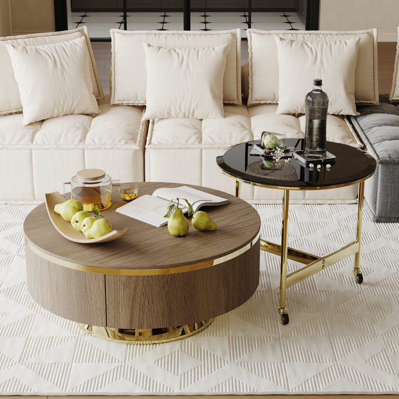 Table basse ronde avec 2 tiroirs de rangement, Bois brun, Doré