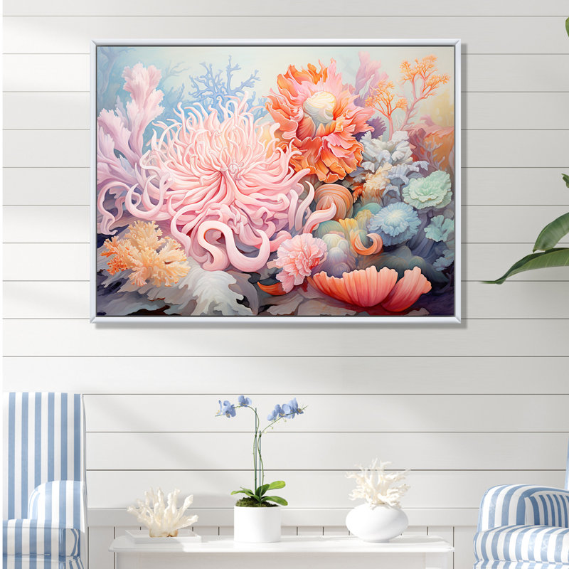 Pink Anemone Symphony, reproduction d'art sur toile, Cadre flottant blanc, H 16 po x l 32 po