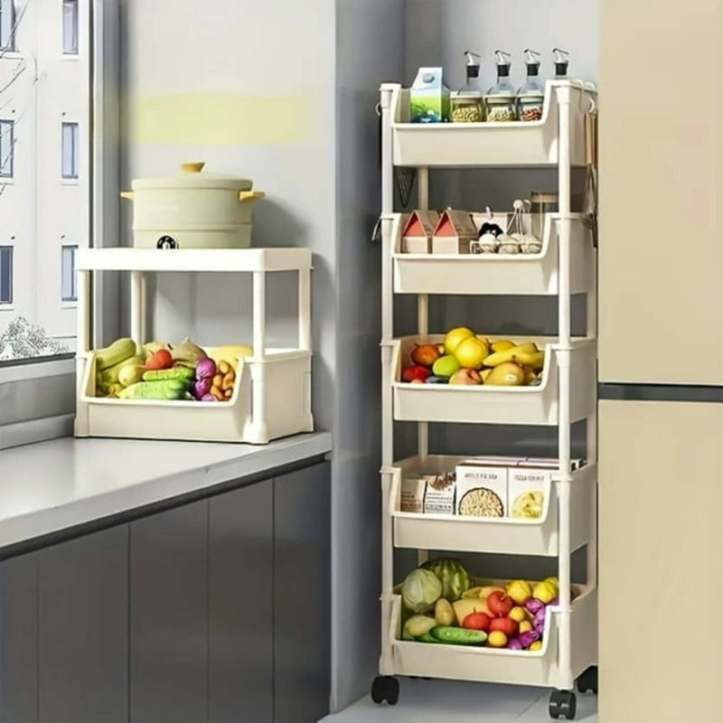  Organisateur de rangement mobile à 5 niveaux - Chariot roulant à 360 ° avec bacs profonds et crochets, idéal pour le garde-manger, le bureau, la buanderie, la salle de bain