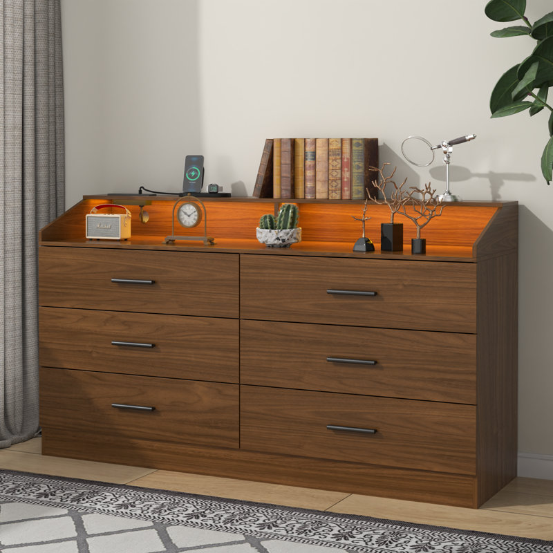 Commode 6 tiroirs avec prise de courant Vikky, commode avec éclairage DEL, organisateur de commode moderne, Brun