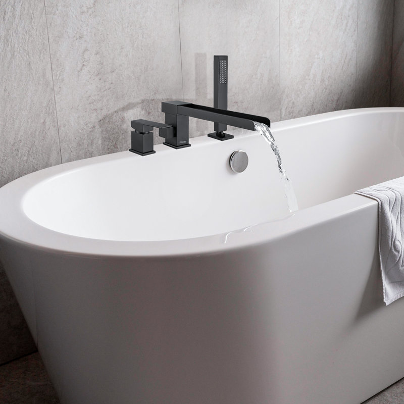 Robinet de baignoire romaine à cascade moderne avec douche à main - Robinet de baignoire à fixation sur le comptoir à poignée simple avec inverseur, laiton massif, noir mat