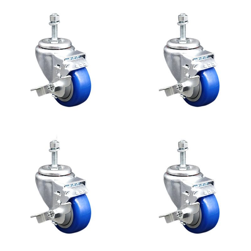 Ensemble de roulettes à tige filetée 3,5 po en polyuréthane pivotant 3,5 mm SCC, Bleu