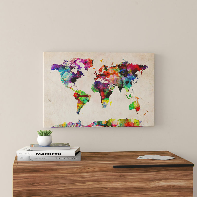«Urban Watercolor World Map», toile beige encadrée, 16 po x 24 po
