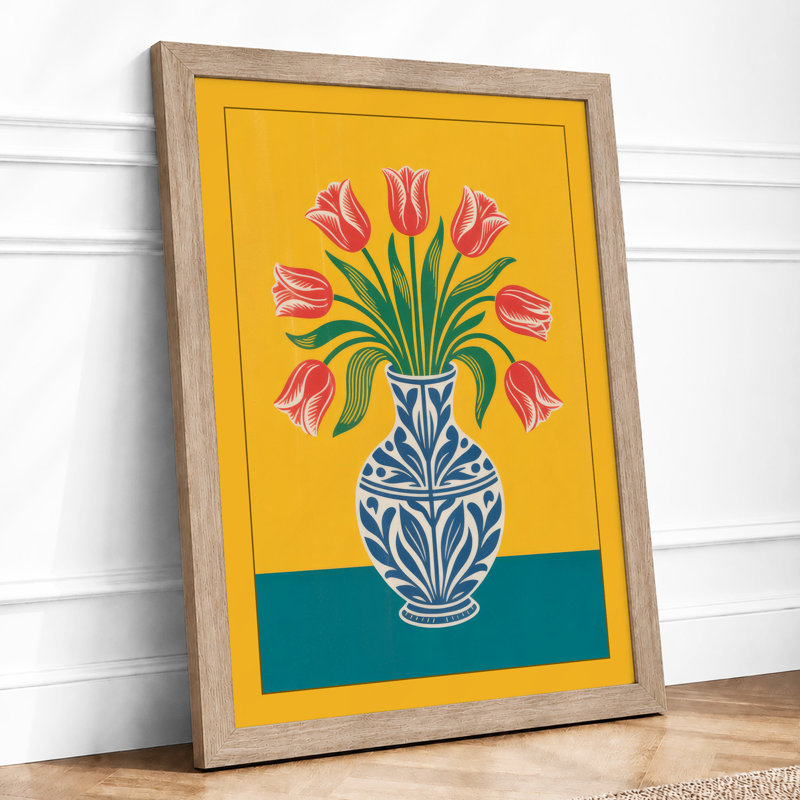Striped Tulips In Blue Botanical - Print, Oak, A3 - 42.0 x 29.7 cm