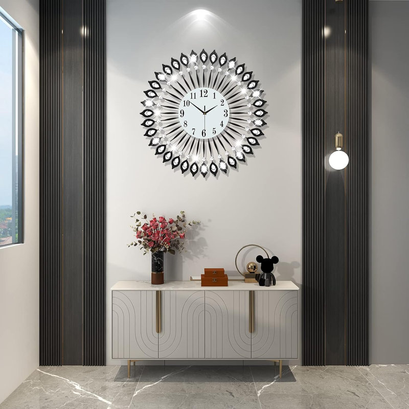 Grande horloge murale moderne pour le décor du salon - Horloge murale silencieuse à quartz 24 pouces avec détails en cristal - Horloge décorative à piles pour la chambre à coucher, le bureau et la cuisine