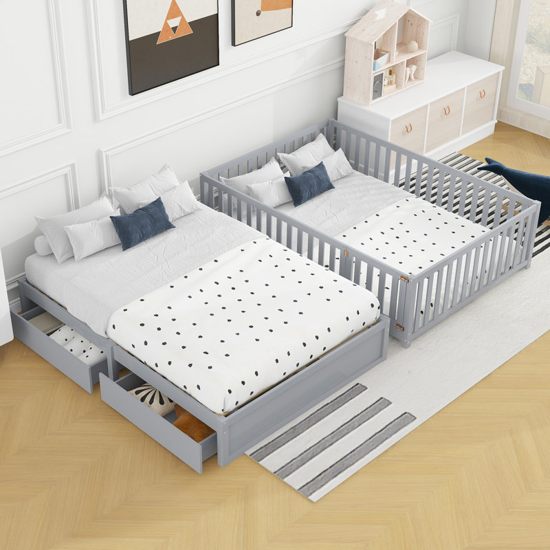  Wood Daybed with Fence Guardrails, 2 Storage Drawers, Convertible Floor Bed, and Shelving for Multi-Functional Use, Grey