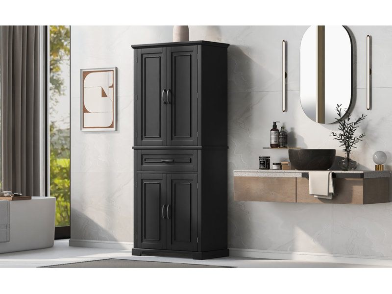 Armoire de rangement pour salle de bain, noire, avec portes, tiroir et tablette réglable | Idée de cadeau, Noir